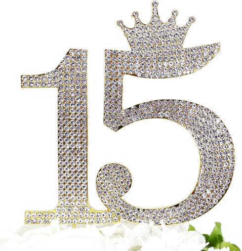 Number 15 Quinceanera Rhinestone Princess Crown Monogram Cake Topper - Sweet 15th Birthday Party (Gold)...