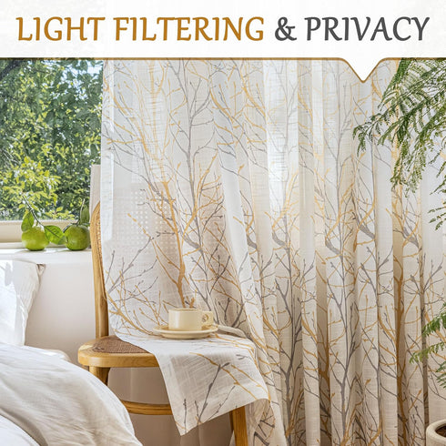 FMFUNCTEX Linen Semi Sheer Curtains for Bedroom, Yellow White Curtains 84 Inches Long for Living Room, Grey Tree Branch Print Curtain Light Filter...