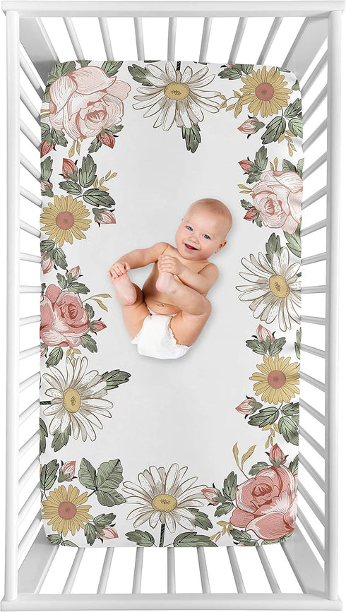 Sweet Jojo Designs Vintage Floral Boho Girl Fitted Crib Sheet Baby or Toddler Bed Nursery Photo Op - Blush Pink, Yellow and Green Shabby Chic Rose...