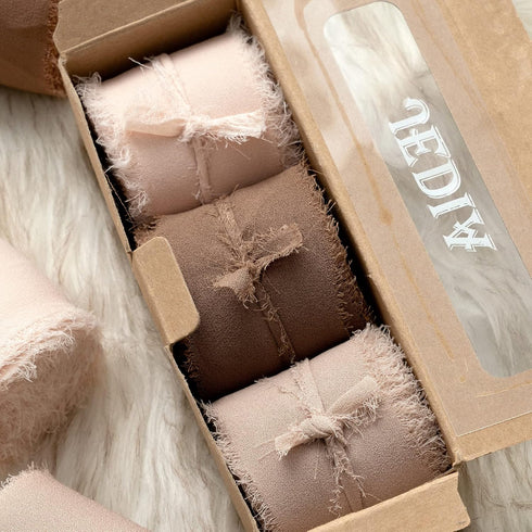 Chiffon Ribbon, 6 Rolls Brown Handmade Fringe Chiffon Silk Ribbons, 1.5" x 7Yd Ribbon Set for Gift Wrapping, Wedding Invitations, Bouquet Wrap, Br...