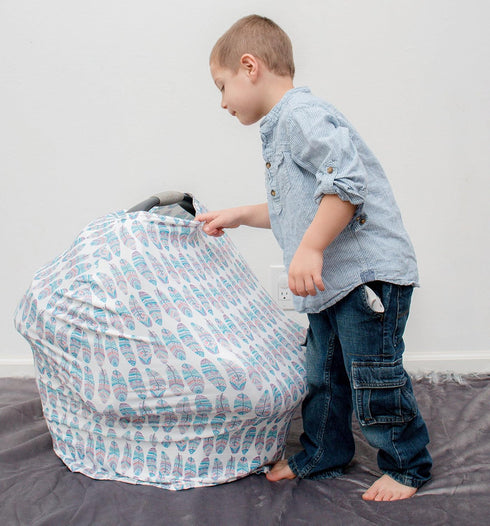 Baby Car Seat & Nursing Cover & Drawstring Carry Bag in Cute Feather Design Shower Gift Breathable Stretchy Universal 4 in 1 Multi-Use Infant Cars...