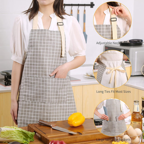 Tosewever 2 Pieces Kitchen Cooking Aprons, Waterproof Linen Adjustable Bib Aprons with 2 Pockets for Women Men Chef (Grey Stripes/Plaids, 2)...