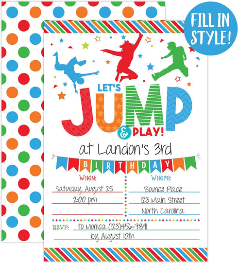 Your Main Event Prints Boy Bounce House Birthday Invitation - Trampoline Jump Birthday Invite - Trampoline Birthday Party - 20 Fill-In Invitations...