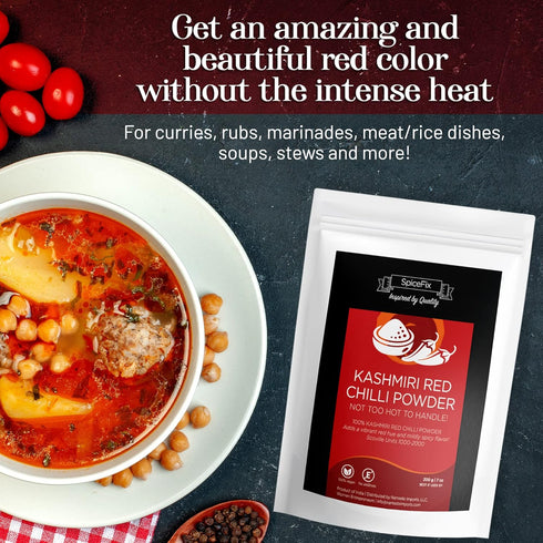 SpiceFix - Kashmiri Red Chilli Powder, Mild to Medium Heat Sun-Dried Indian Red Chili Powder, Natural Ground Vegan Kashmiri Spice in a Resealable ...
