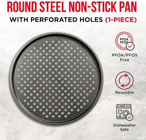 Non-Stick Pizza Pan with Holes - 13-Inch Perforated Pizza Crisper Carbon Steel Pizza Pan - 1 Round Pizza Trays PFOA PFOS and PTFE Free...
