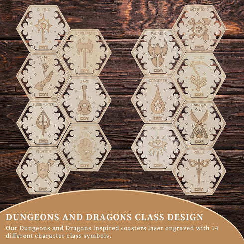 D&D Class Coasters Set of 14 with Holder Hexagon Gaming Mug Mats Wooden Laser Engraved DND Classes Icons Gift for Dungeons and Dragons Fans, Game ...