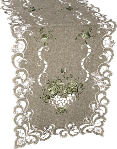 Embroidered Green Leaf on Antique Green Fabric Table Runner, Dresser Scarf, Coffee Table Doily (16Wx35L)...