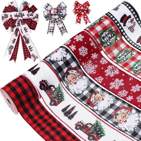 Christmas Ribbon Wired 2.5 Inch,6 Roll 30Yards Christmas Wired Ribbon,Incl. Santa/Snowman/Snowflake/Christmas Buffalo Plaid Ribbon for Wreaths Bow...