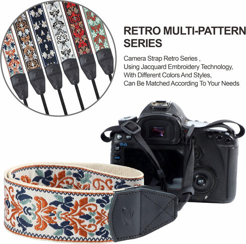 Padwa Lifestyle Camera Strap - 2" Retro Jacquard Embroidery Camera Straps Adjustable,Wide Camera Neck/Shoulder Strap with Genuine Leather Head for...