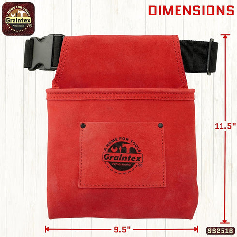 Graintex SS2516 :: One Pocket Nail & Tool Pouch Red Color Suede Leather with 2” Webbing Belt for Constructors, Electricians, Plumbers, Handymen...