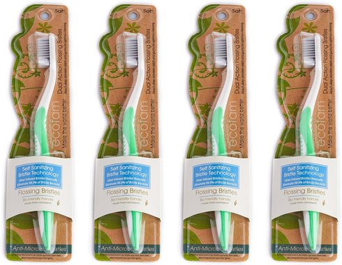 Earth Friendly Compostable Adult Manual Toothbrushes - Silver Infused Soft Bristle Toothbrush (4 Pack) (Green)...