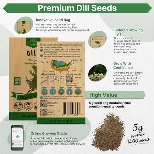Dill Bouquet Seeds Pack 5 G - Over 1,400 Non-GMO Heirloom Dill Seeds for Planting Herbs in Individual Seed Packet, Herbs Seeds for Planting Home G...