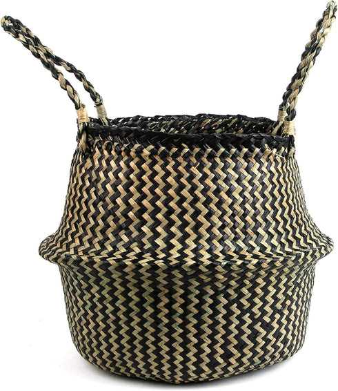 Woven Seagrass Belly Basket for Storage Plant Pot Basket and Laundry, Picnic and Grocery Basket (Medium, black strips)...