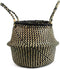 Woven Seagrass Belly Basket for Storage Plant Pot Basket and Laundry, Picnic and Grocery Basket (Medium, black strips)...