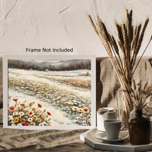 Posterizer 1 pcs-snowy winter flowers scene in oil painting style-8-Landscape & Nature Art-Floral & Botanical Art- Dining Room Decor- unframed wal...