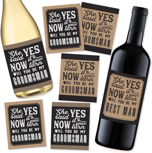 Hadley Designs 6 Will You Be My Groomsman + 1 BONUS Best Man Proposal Wine, Beer, Whiskey, Liquor Bottle Labels or Stickers Set for Groomsmen Part...