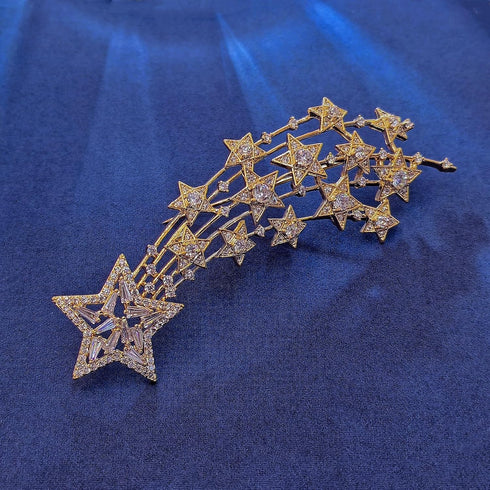 90’s Inspiration Gold Tone Cubic Zircon Shooting Star Brooch Pin Starburst Jewelry...