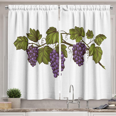 Lunarable Wine Grapes Kitchen Curtains, Drinking Tasting Party Theme Fresh Purple Fruits on Plain Backdrop, Window Drapes 2 Panel Set for Kitchen ...