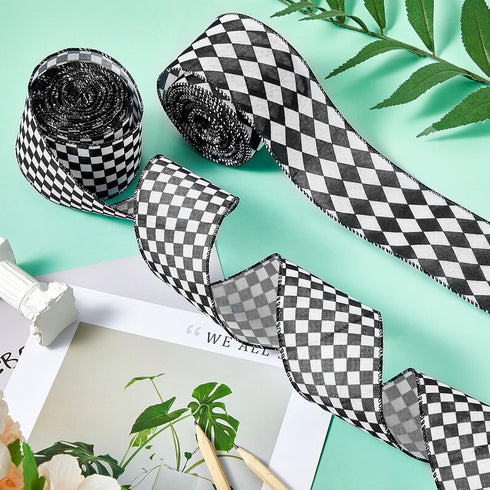 2 Rolls/ 20 Yards Black and White Checkered Ribbons Buffalo Plaid Wired Edge Ribbon Diamond Gingham Valentine's Day Gift Wrapping Ribbon for DIY H...