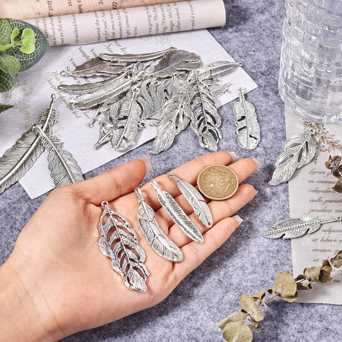 Craftdady 22Pcs Alloy Dreamcatcher Feather Charms Tibetan Big Leaf Pendants Feather Wing Charms Fly Antique Silver Metal Western Charms for Crafts...