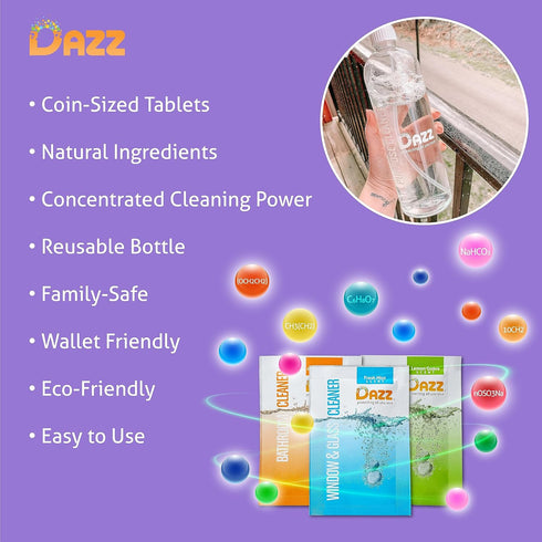 DAZZ Whole House Starter Kit (3 Reusable Spray Bottles, 6 Refills) Natural All Purpose Cleaner, Glass and Window Cleaner, and Bathroom Cleaner - E...