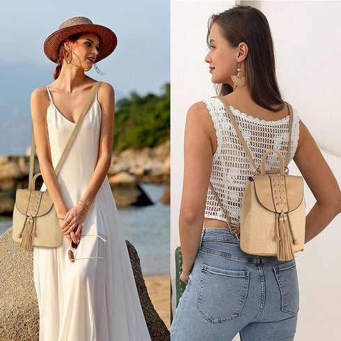 Women Beach Bag Summer Straw Woven Shoulder Bag Crossbody Bucket Handbags Handmade Hobo Purse Bamboo Handle...