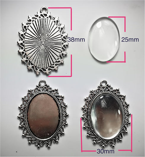 ALL in ONE 10 Sets Cabochon Frame Setting Tray Pendant with Clear Glass Dome Tile for DIY Jewelry Making (25x18MM Antique Silver#2)...