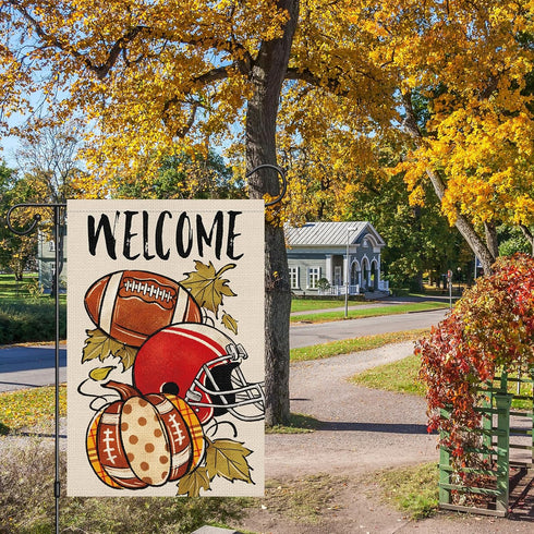 Fall Football Welcome Garden Flag 12 x 18 Inch Vertical Double Sided Burlap, Autunm Pumpkin Sports Game Day Flag for Yard Thanksgiving Holiday Out...