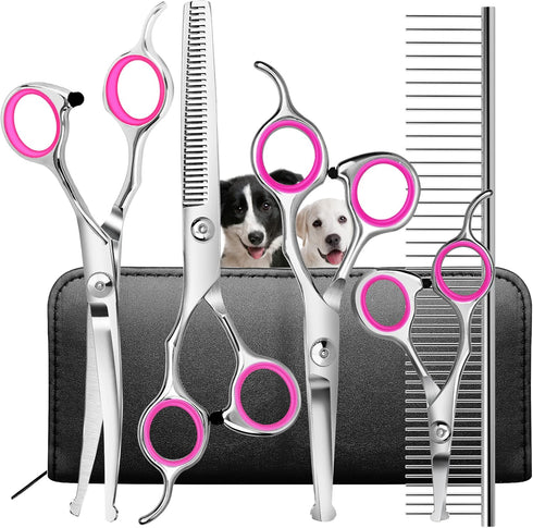 Dog Grooming Scissors Kit with Round Tip, Ecnocal Stainless Steel Titanium Coated Pet Grooming Trimmer Set, Thinning/Straight/Curved Shears, and C...