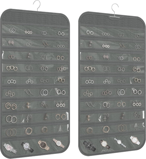 1-Pack Hanging Jewelry Organizer 80-Pocket Dual-sided Jewelry Storage for Jewelry Earring Necklace Bracelet Ring Storage Travel Holder, Gray...