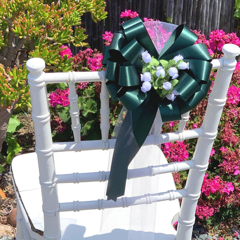 Hunter Green Pull Bows with Tulle Tails and Rosebuds - 8" Wide, Set of 6, Spring, Wedding Pew Bows, Aisle Decoration, Reception, Anniversary, Birt...