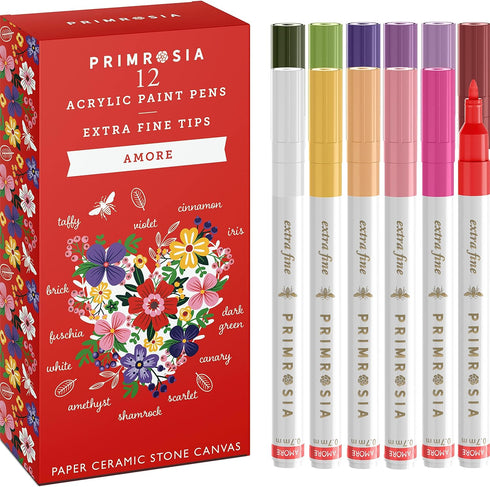 Primrosia 12 Amore Acrylic Paint Pens for rock painting, paper, wood, ceramic, stone, canvas – Extra Fine Tip Markers Set...