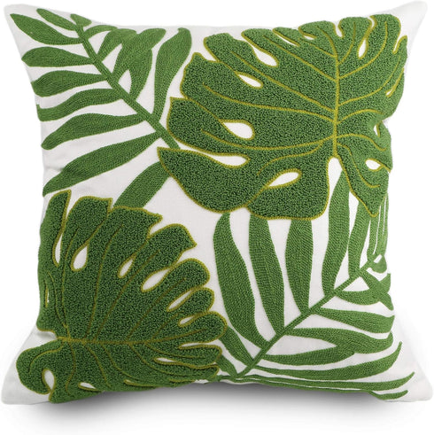 Embroidery Throw Pillow Covers 18x18 Home Decor Loop Tropical Green Leave Floor Pillow Cover for Couch 100% Cotton Canvas Cushion Cover Pillow Cas...