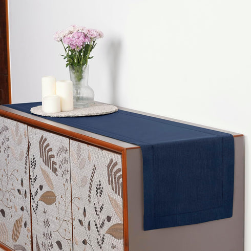 D'Moksha Homes Linen Navy Blue Table Runner 60 Inches - Classic Hemstitch, 100% Pure Linen Coffee Table Runner 14 x 60 Inch Ideal for Dresser Tabl...