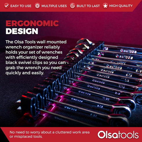 Olsa Tools Wall-Mounted Wrench Rack - Red Anodized Aluminum Rail with Black Clips - Stores 14 SAE or Metric Wrenches Securely - Professional Organ...