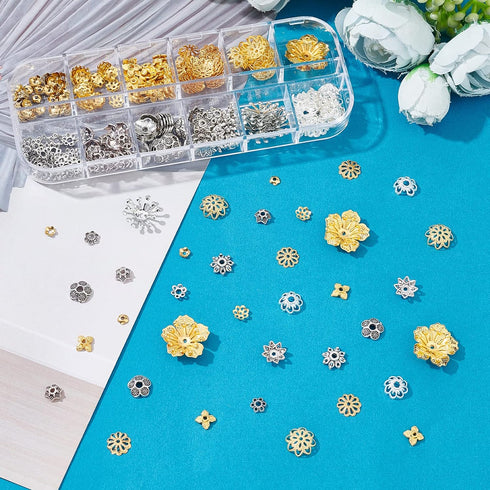 PH PandaHall 278Pcs Bead Caps, 12 Styles Flower Bead Cap Spacers Brass & Alloy Bead Cap Bails End Charm Caps Spacer Beads for Earring Bracelets Ne...
