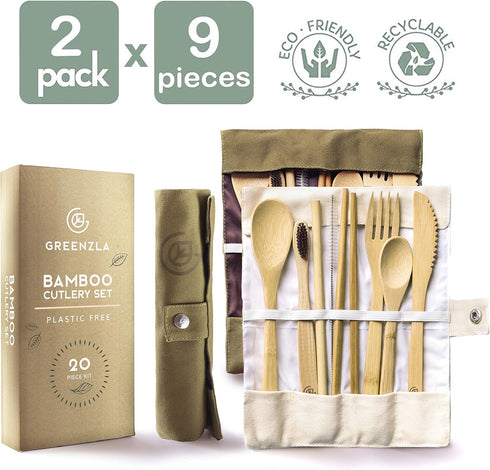 Greenzla 2-Pack Bamboo Utensils Set | With Bonus 2 Bamboo Toothbrushes | Natural Bamboo Straw, Spoon, Fork, Knife, Teaspoon, Chopsticks, Brush & 2...