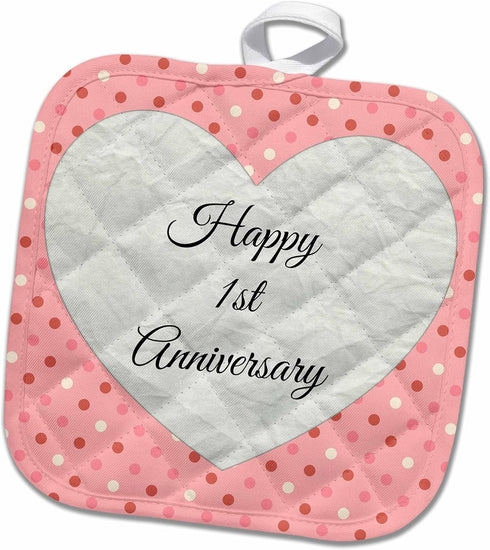 3D Rose 1St Anniversary with Faux Paper-Like Background and Cute Polka Dots Pot Holder, 8 x 8...