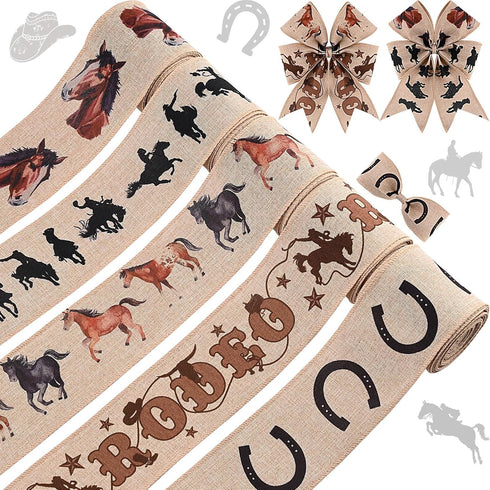 5Rolls Wild Horse Wired Ribbon Horse Head Equid Horseshoe Print Burlap Ribbon for Gift Wrapping Wreath Making for Farmhouse Birthday Horse Racing ...