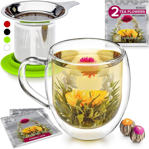 Teabloom Double-Wall Borosilicate Glass Mug with Stainless Steel Infuser and Lid – 15 OZ / 430 ML – 2 Gourmet Tea Flowers Included...