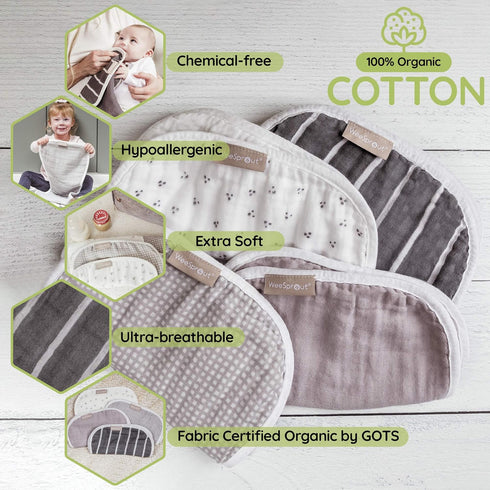 WeeSprout Unisex Organic Towel Cotton Burp Cloths, Set of 4, Four Ultra-Absorbent Layers Keep Clothes Dry, Button Transforms into Baby Bib, Machin...