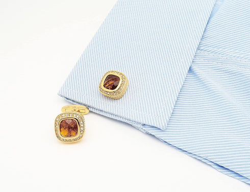 14K Gold Plated Brown Gem Stone Cufflinks for Men Wedding Dress Men Crystal Cufflink for Shirt Party Birthday Anniversary Dress...
