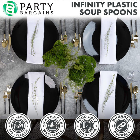 Party Bargains Disposable Plastic Black Gold Soup Spoons, Infinity Modern Design Utensils, 20 Pack...