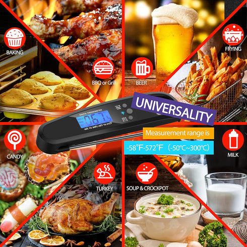 Instant Read Meat Thermometer for Kitchen Cooking, Ultra Fast Precise Waterproof Digital Food Thermometer with Backlight, Magnet and Foldable Prob...