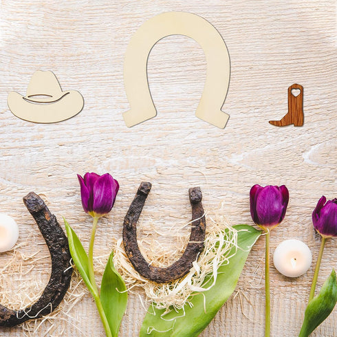 72 Pieces Unfinished Cowboy Wooden Cutouts Horseshoe Shape Wood Discs Slices Wood Cowboy Boot Hat Cutouts Wood Cowboy Theme Crafts for Western Cow...