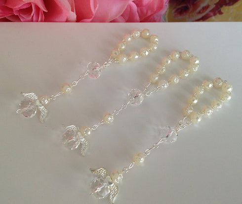 25 Pc Ivory Color Baptism Favors with Angels Mini Rosaries Silver Plated Acrylic Beads/ Recuerditos De Bautismo/ Christening Favors/ Decenarios/ D...