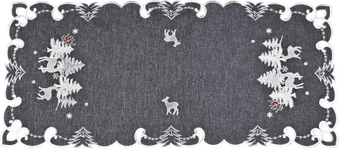 Embroidered Christmas Holiday Silver Reindeer & Christmas Scene on Dark Gray Rectangle Table Runner, Dresser Scarf (16Wx33L)...