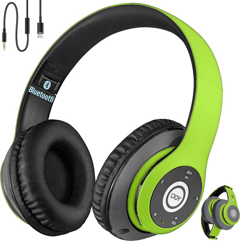 iJoy Bluetooth Headphones Over Ear, Wireless and Wired Foldable Headset Built-in Microphone, FM, Micro SD Card Slot - (Green) Adults Kids Men Wome...