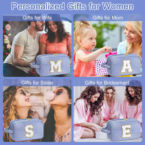 Makeup Bag for Women - Monogram Cute Initial Blue Makeup Bag Cosmetic Toiletry Pouch Make Up Case for Women Her Best Friend Friendship Sister Teac...