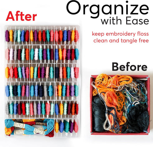 Embroidery Floss Organizer Box with 50 Cardboard Bobbins - 17 Compartments Clear embroidery thread organizer box, Snap-Tight Clear Sewing Organize...